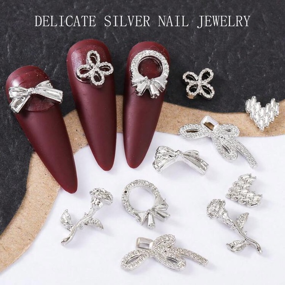 60 Piece 6 Grid Box Nail Jewelry Silver Tulip Bow Rose Heart Nail Rhinestone Kit - Picture 3 of 7